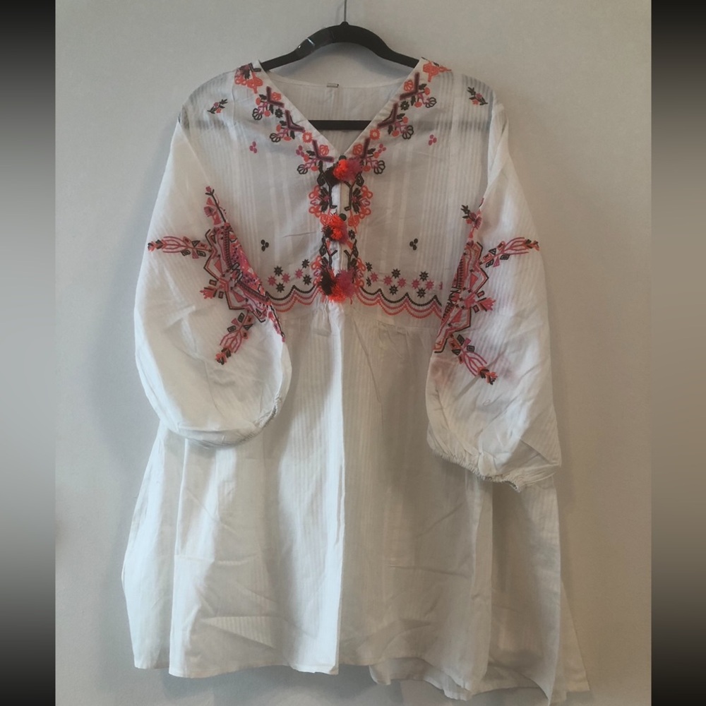 Embroidered White Blouse with Red Accents